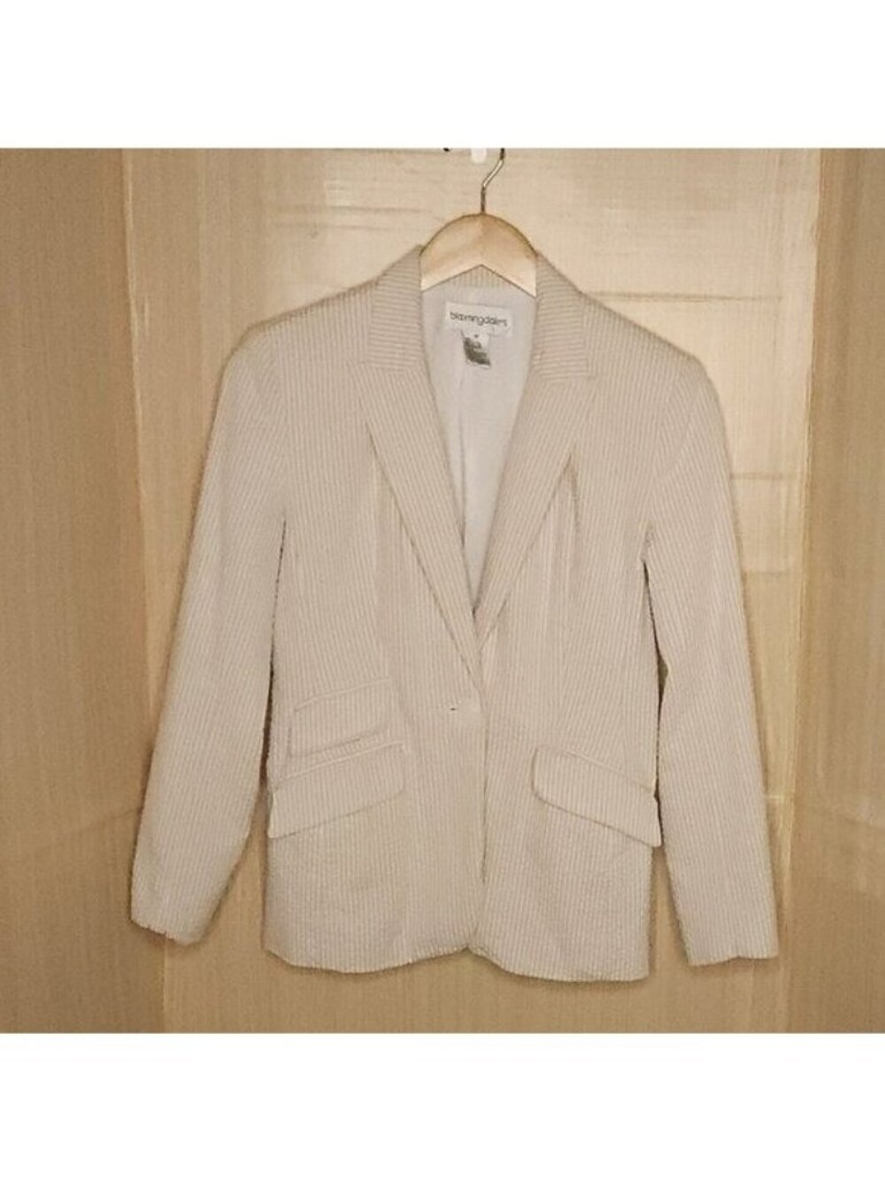 Bloomingdales Petite Tan White Stripe Seersucker Blazer 4P